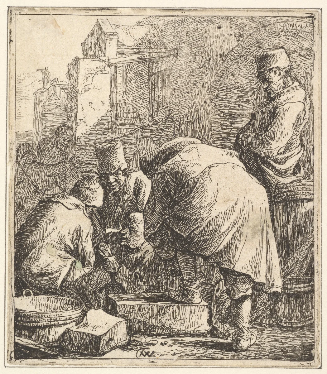 Man Adjusting His Footwear, at Left Three Men Playing Cards by Thomas Wijck, print, 1630-1677