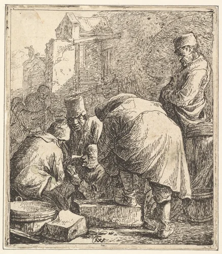 Man Adjusting His Footwear, at Left Three Men Playing Cards by Thomas Wijck, print, 1630-1677