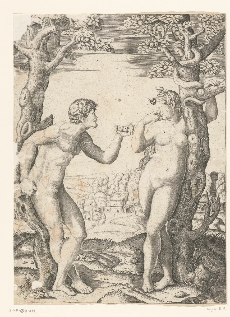 Zondeval van Adam en Eva bij boom van kennis van goed en kwaad met slang by Unknown, print, 1510-1560