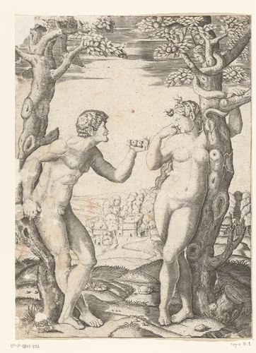 Zondeval van Adam en Eva bij boom van kennis van goed en kwaad met slang by Unknown, print, 1510-1560