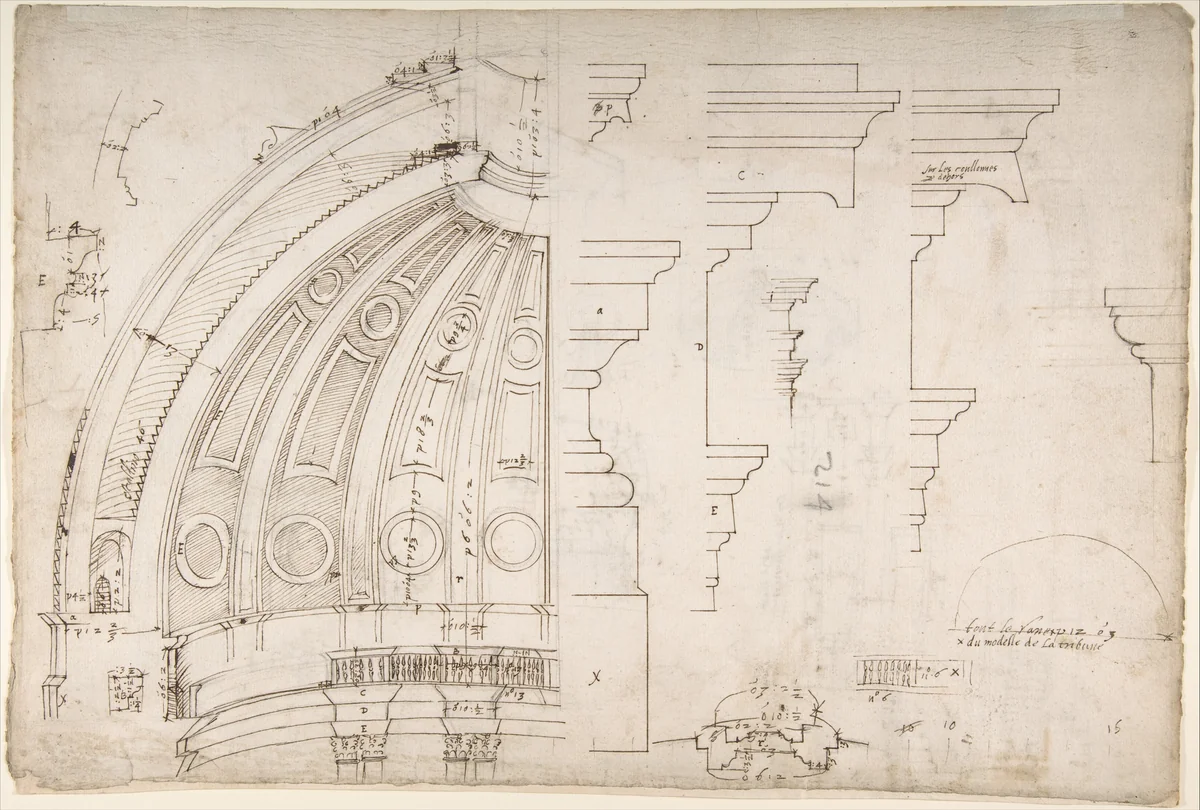 St. Peter's, dome and drum, interior section and elevation, and labeled details (recto); St. Peter's, moulding profiles, details (verso) by Etienne DuPérac, drawing, 1500-1560