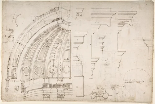 St. Peter's, dome and drum, interior section and elevation, and labeled details (recto); St. Peter's, moulding profiles, details (verso) by Etienne DuPérac, drawing, 1500-1560