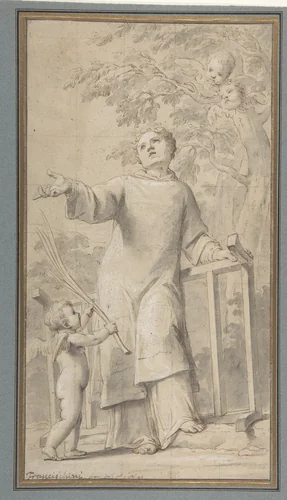 Saint Lawrence Standing and Holding the Grill, Instrument of His Martyrdom by Marcantonio Franceschini, drawing, 1710-1720