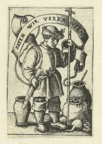 Boer verkoopt zijn produkten op markt by anonymous, print, 1510-1599