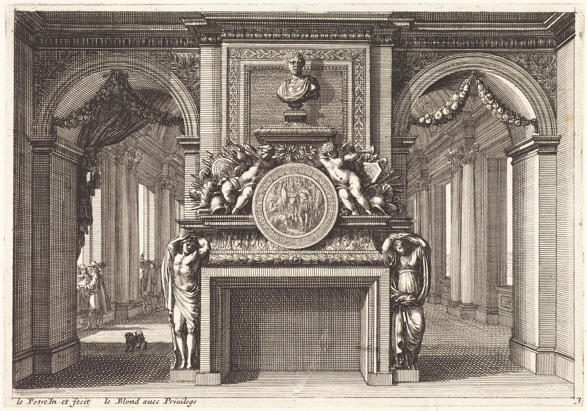 Fireplaces and Other Interior Decorations by Jean Lepautre, print, 1618-1682