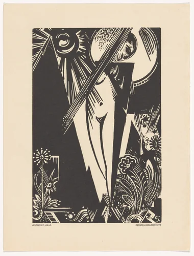 Untitled (Girl with Paradise Bird) (Ohne Titel [Mädchen mit Paradiesvogel]) (plate, preceding p. 233) from the periodical Das Kunstblatt, vol. 2, no. 8 (Aug 1918) by Gottfried Graf, print, 1918
