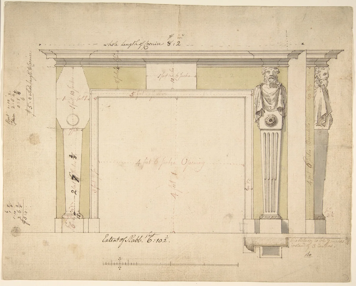 Design for a Chimneypiece (recto); Sketches for Column Bases (verso) by Sir William Chambers, drawing, 1740-1800