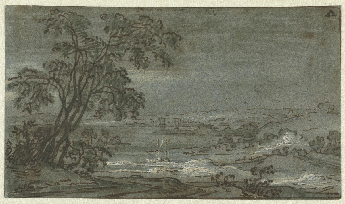 Heuvelig landschap met rivierbocht by Jacob Colijn, drawing, 1624-1686