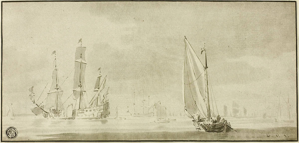 Galleons and Sailboats by Willem van de Velde, drawing, 1655-1707