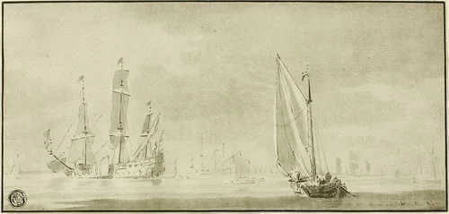 Galleons and Sailboats by Willem van de Velde, drawing, 1655-1707