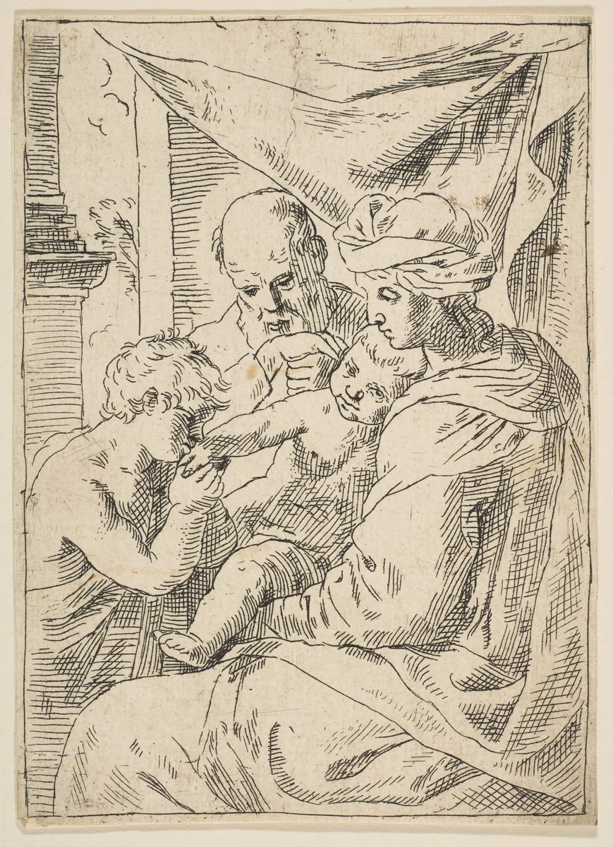 Holy Family with Saint John the Baptist kissing the infant Christ's hand, copy in reverse after Cantarini by Simone Cantarini, print, 1642-1700