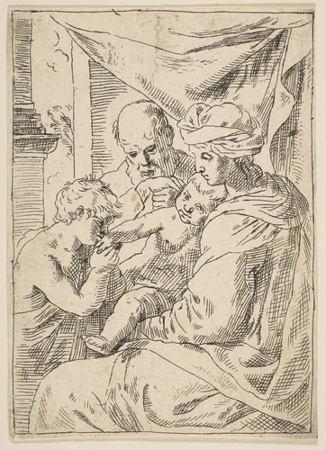 Holy Family with Saint John the Baptist kissing the infant Christ's hand, copy in reverse after Cantarini by Simone Cantarini, print, 1642-1700