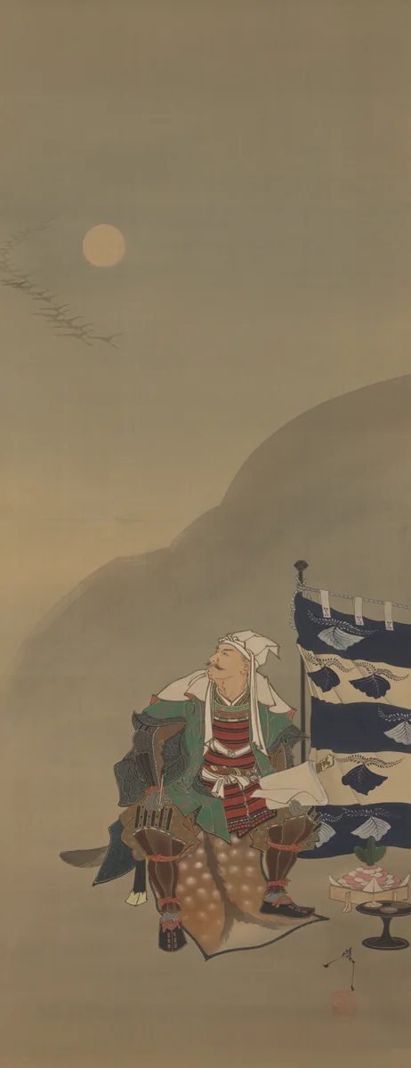 Frost fills the air and the autumn air is still/lines of returning geese cross the moon in the third hour-Kenshin, from the series Twelve Aspects of the Moon by Tsukioka Yoshitoshi, other, 1885-1892