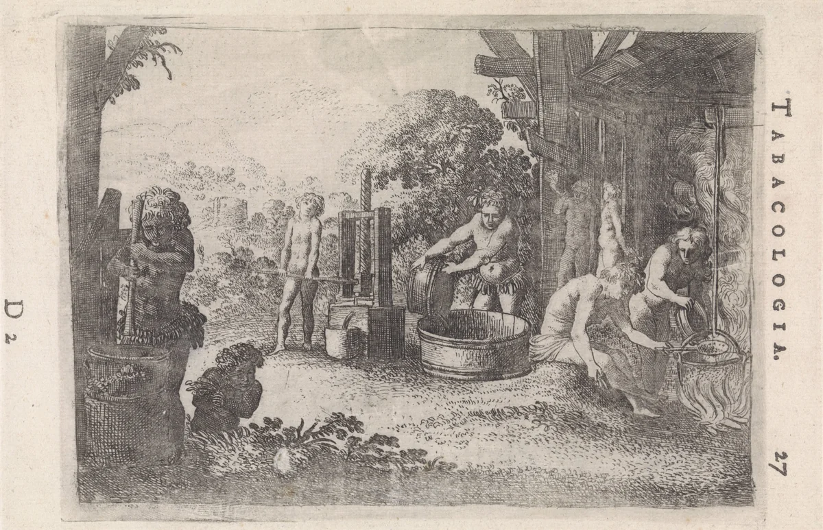 Oorspronkelijke Amerikanen bereiden ‘caldo’ uit tabaksbladeren by Moyses van Wtenbrouck, print, 1622