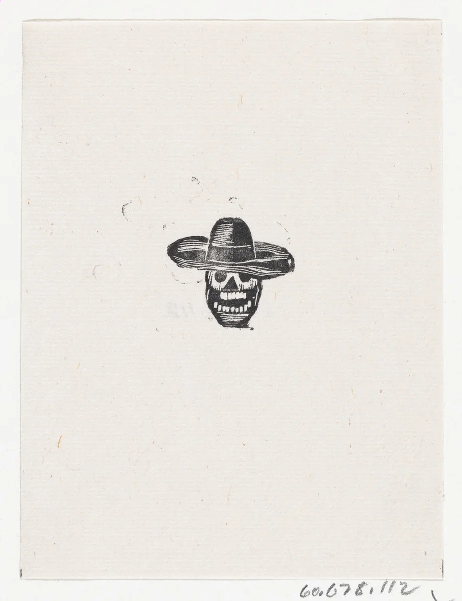 A skull wearing a wide brimmed hat by José Guadalupe Posada, print, 1875-1885