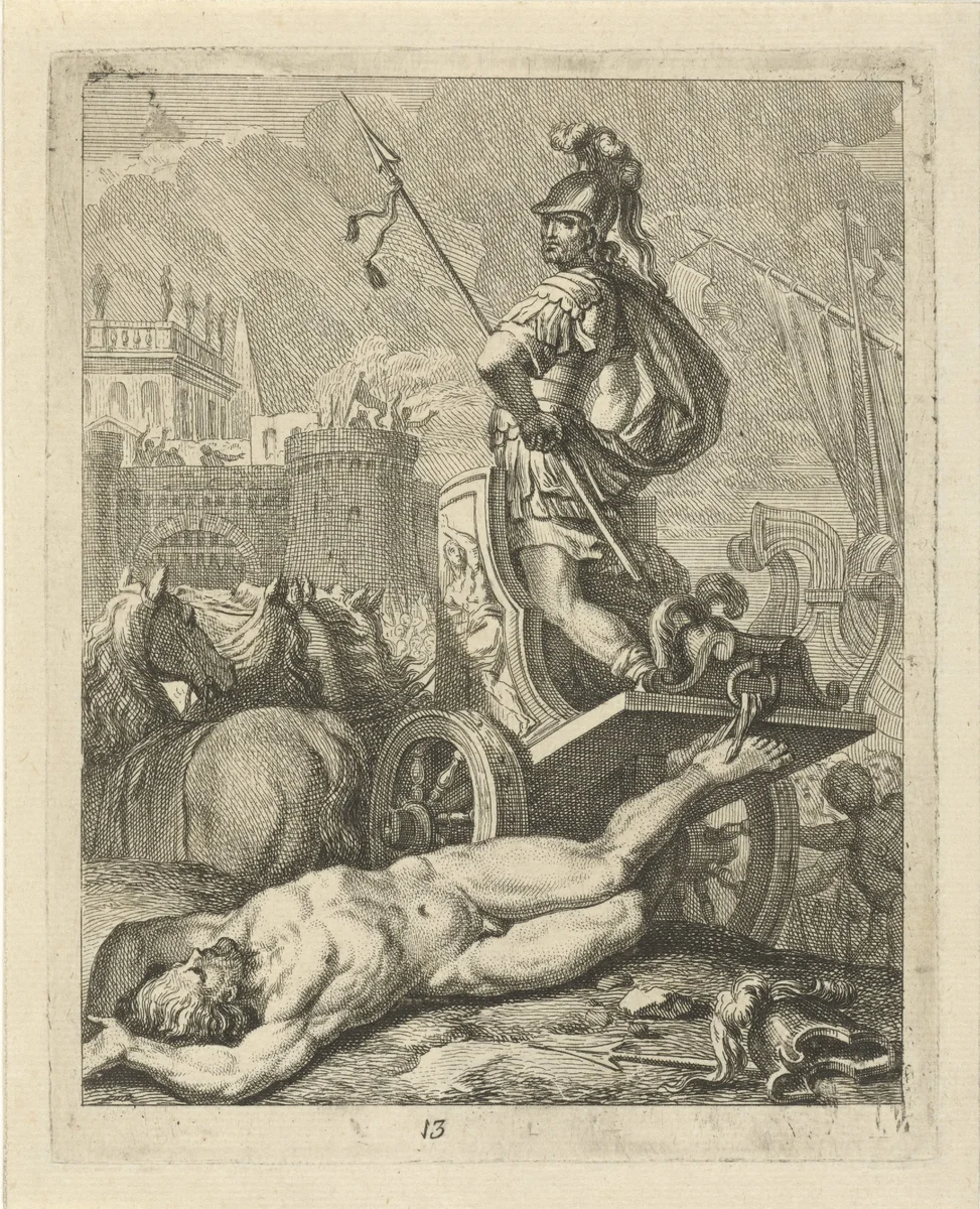 Achilles met lijk van Hector achter zijn zegewagen by J. Alexander Janssens, print, 1700