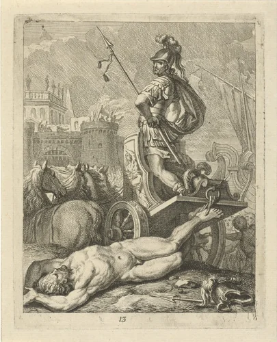 Achilles met lijk van Hector achter zijn zegewagen by J. Alexander Janssens, print, 1700