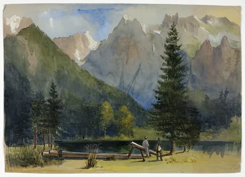 Two Men by Pond below Alps by Unknown Artist, painting, 1800-1899