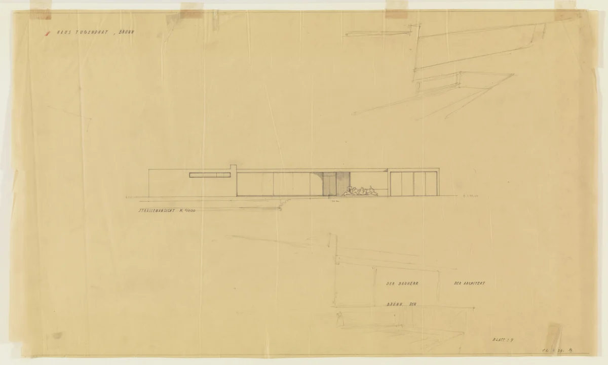Tugendhat House, Brno, Czech Republic (Street side elevation) by Ludwig Mies van der Rohe, mies van der rohe archive, 1928