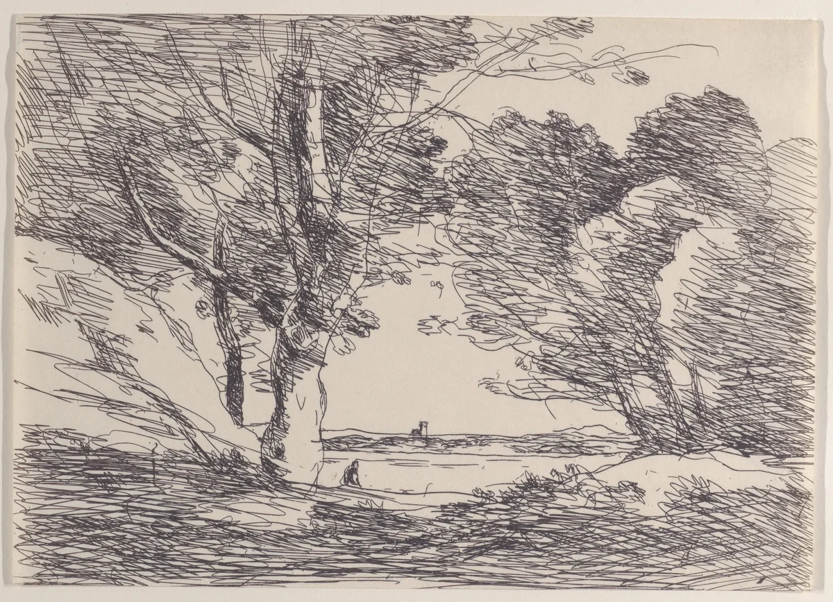 Tower at the Lake's Horizon (Tour á L'Horizon d'un Lac) by Camille Corot, print, 1871