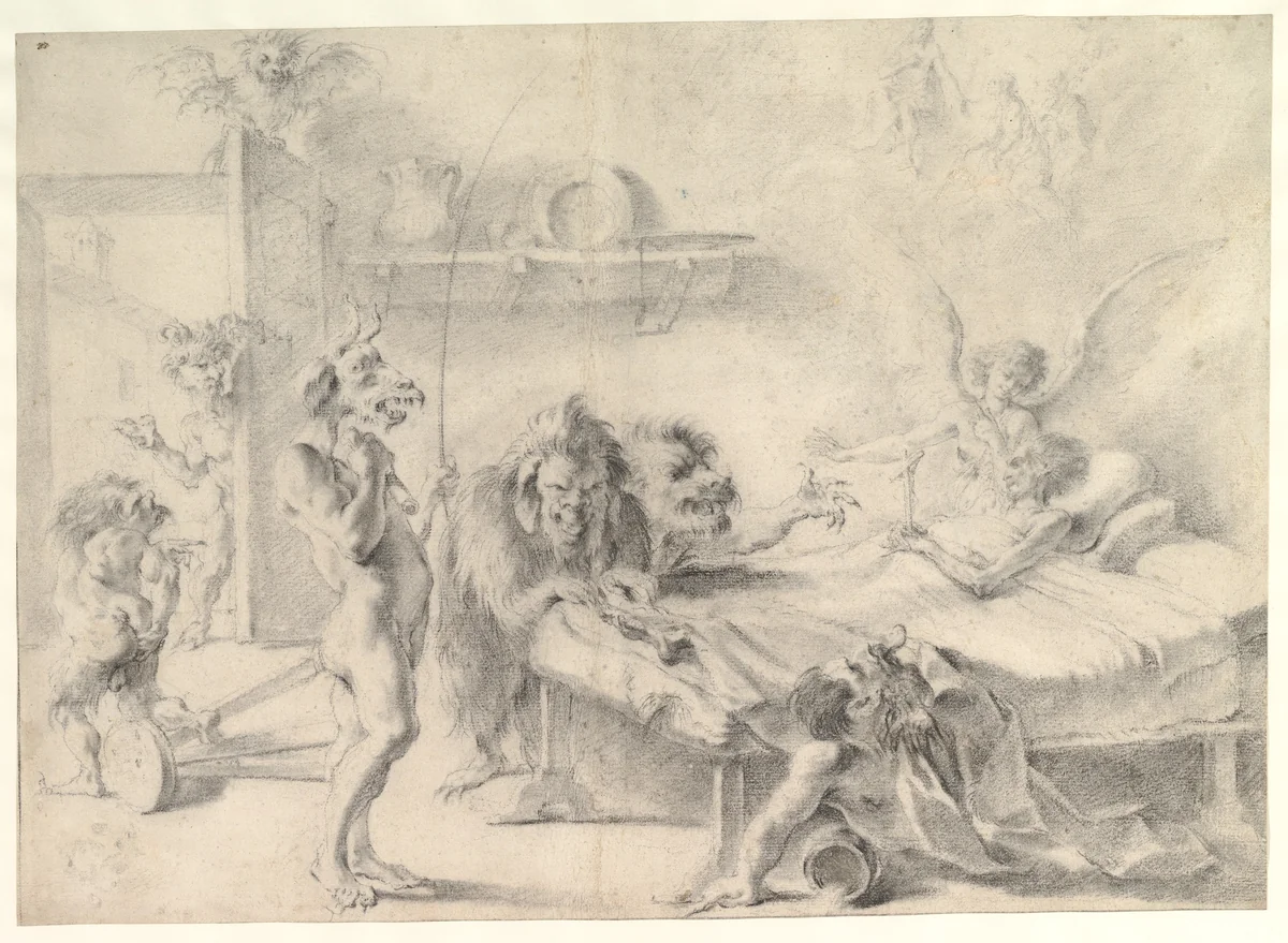 An Old Man on His Deathbed Tempted by Demons (recto); Back View of a Male Nude (verso) by Aureliano Milani, drawing, 1675-1749