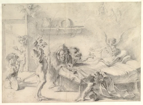 An Old Man on His Deathbed Tempted by Demons (recto); Back View of a Male Nude (verso) by Aureliano Milani, drawing, 1675-1749