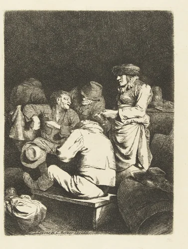 Waardin en gezelschap in herberg by Cornelis Pietersz. Bega, print, 1642-1664