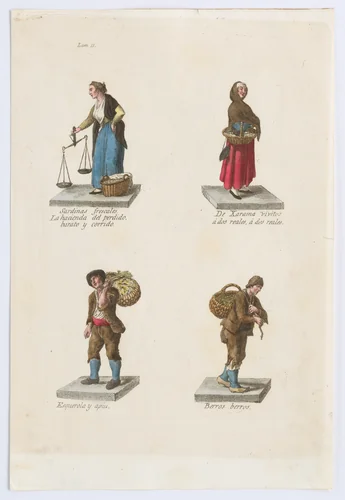 Plate 11: four street vendors from Madrid selling different kinds of fish, from 'Los Gritos de Madrid' (The Cries of Madrid) by Miguel Gamborino, print, 1809-1817
