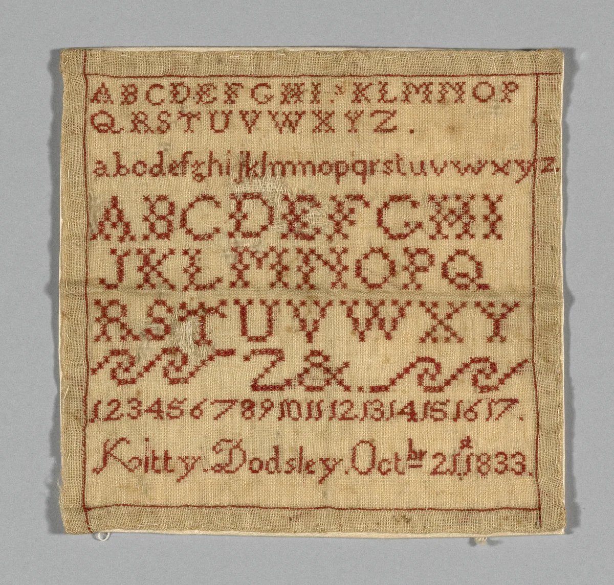 Sampler by Kitty Marriot Moffatt, textile, 1833
