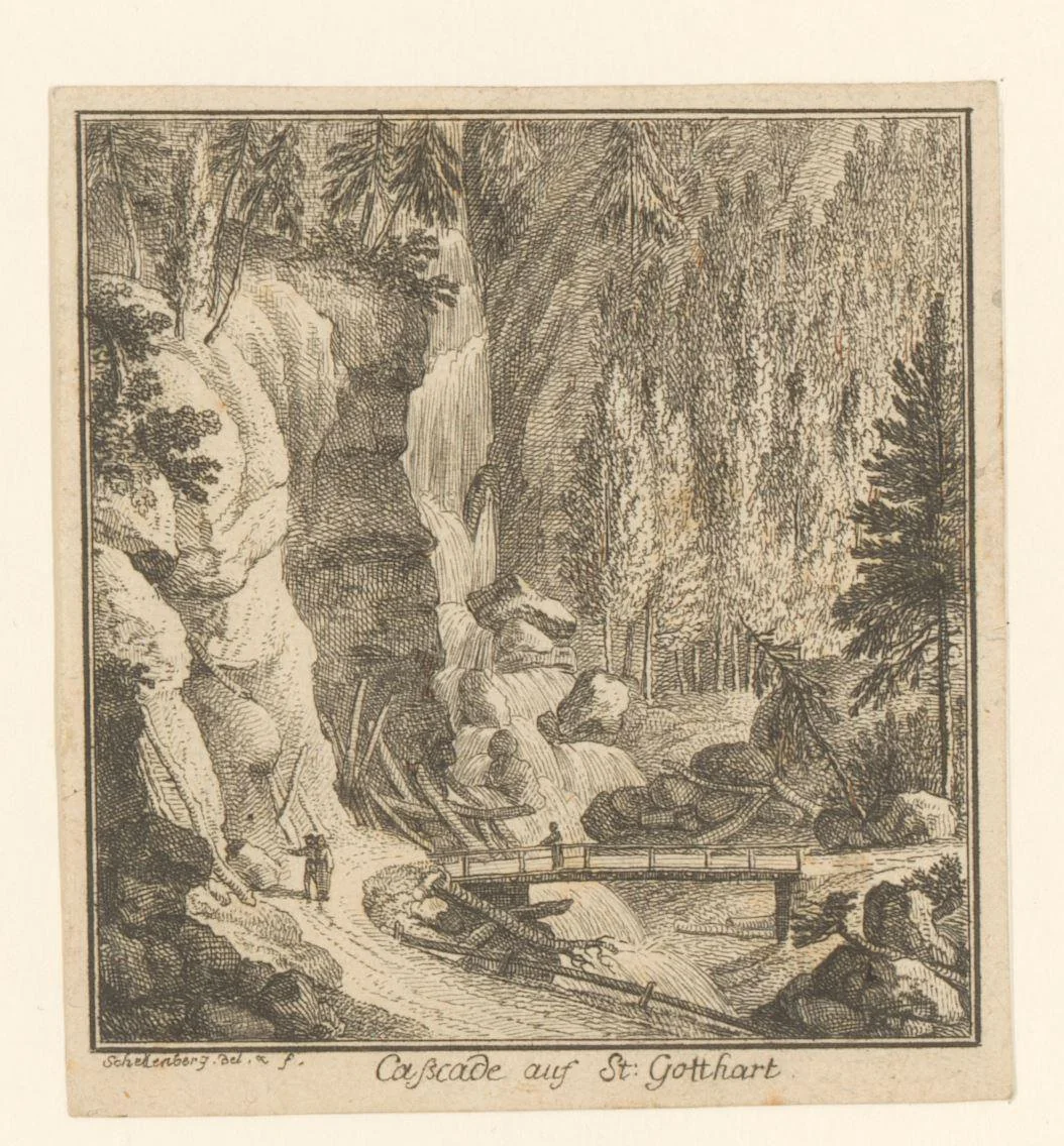 Waterval in de Gotthardpas by Johann Rudolph Schellenberg, print, 1750-1806