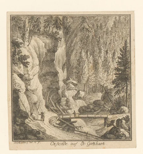 Waterval in de Gotthardpas by Johann Rudolph Schellenberg, print, 1750-1806
