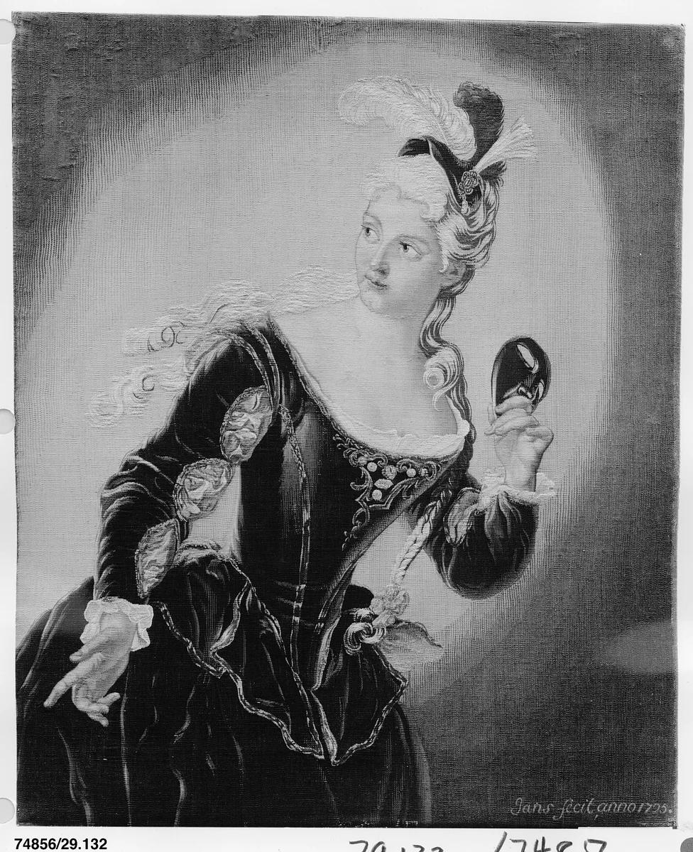 Young Woman Holding a Mask by Jean Baptiste Santerre, textile, 1725