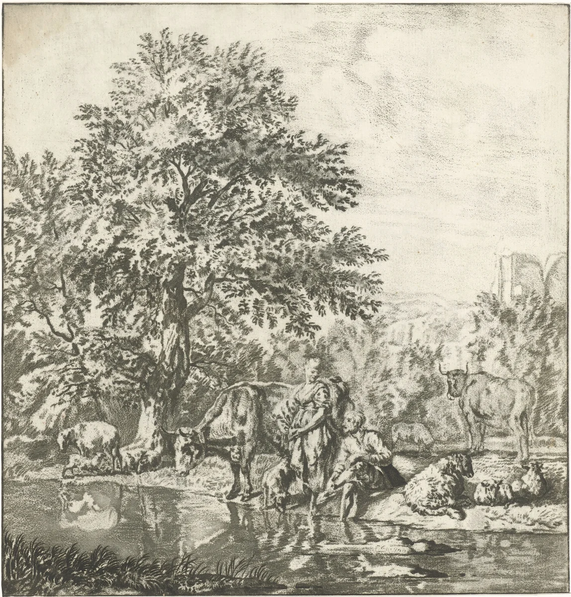 Herder en herderin met kudde bij een rivier by Cornelis Ploos van Amstel, print, 1763