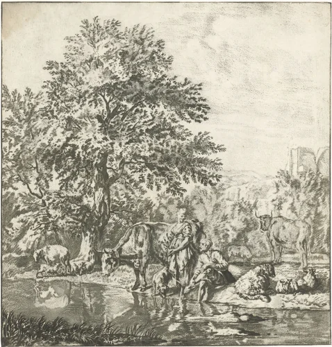 Herder en herderin met kudde bij een rivier by Cornelis Ploos van Amstel, print, 1763