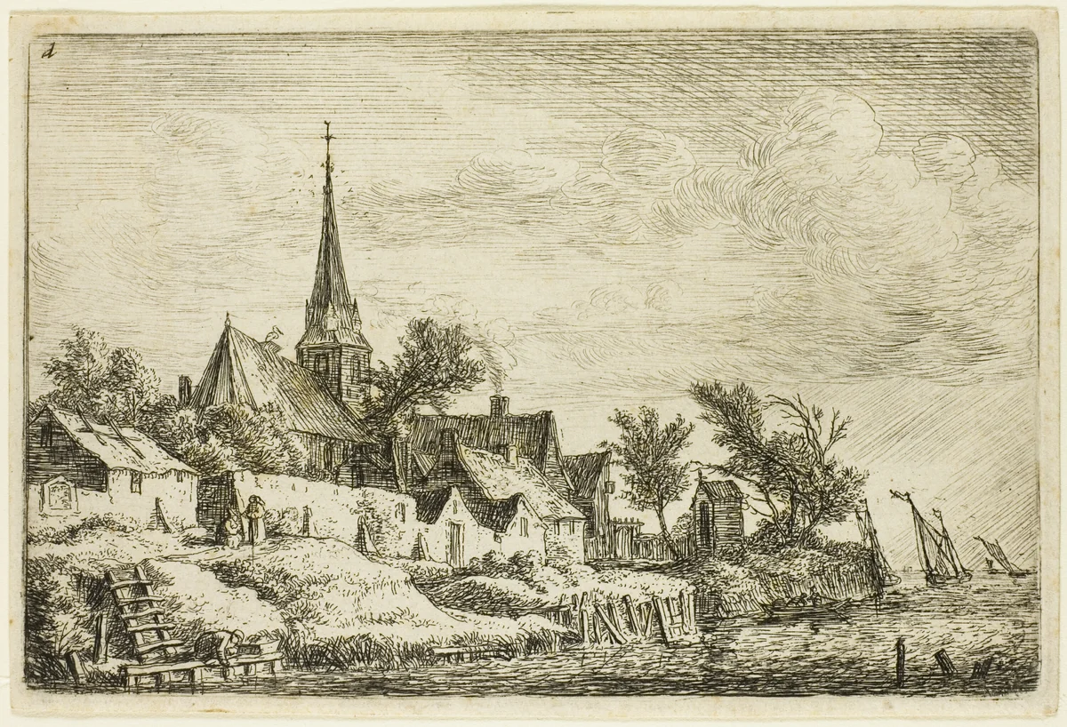 The Steeple in the Village by the Sea by Anthonie Waterloo, print, 1630-1690