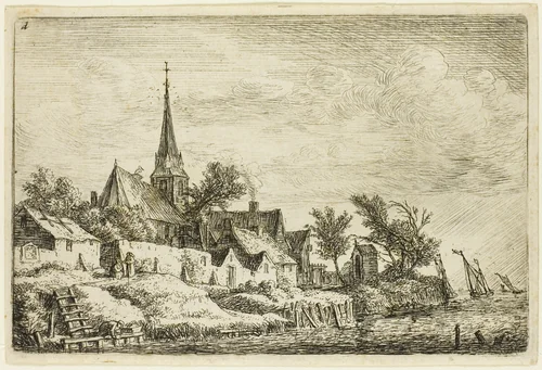 The Steeple in the Village by the Sea by Anthonie Waterloo, print, 1630-1690