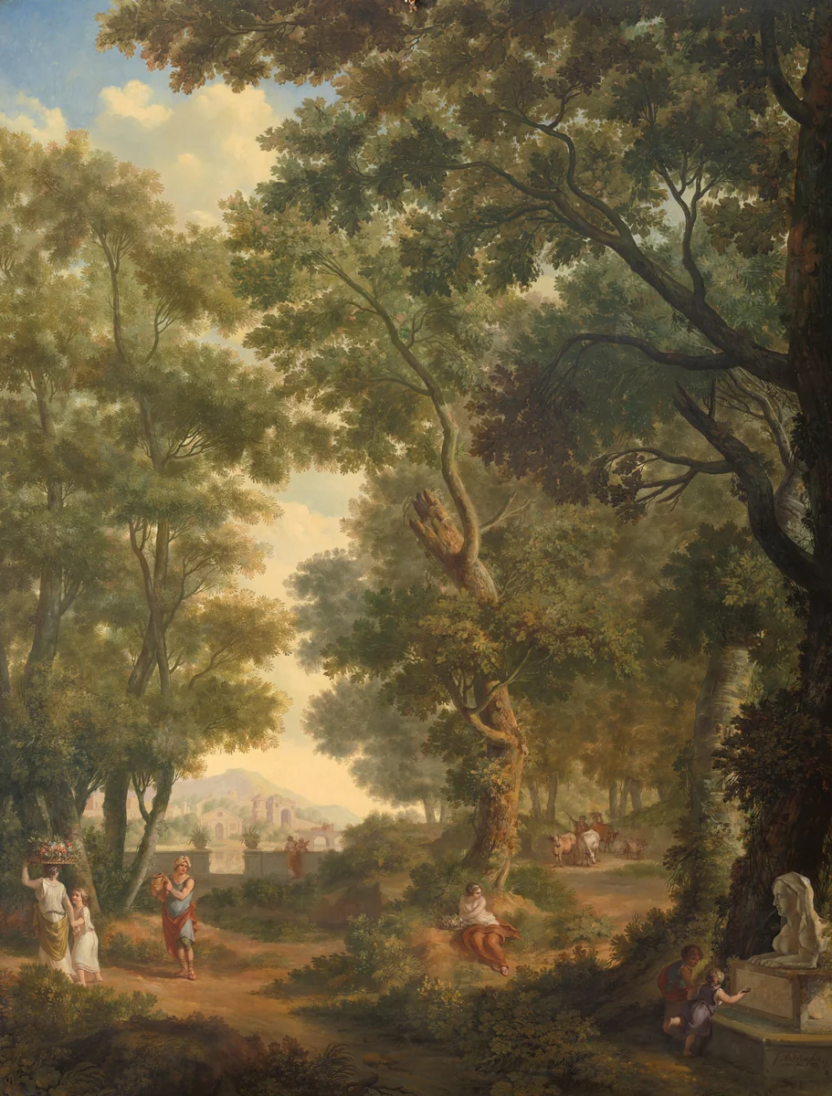 Arcadian Landscape, one of a series of ten murals in the garden room of the main floor of the Amsterdam house Herengracht 524 by Jurriaan Andriessen, painting, 1771
