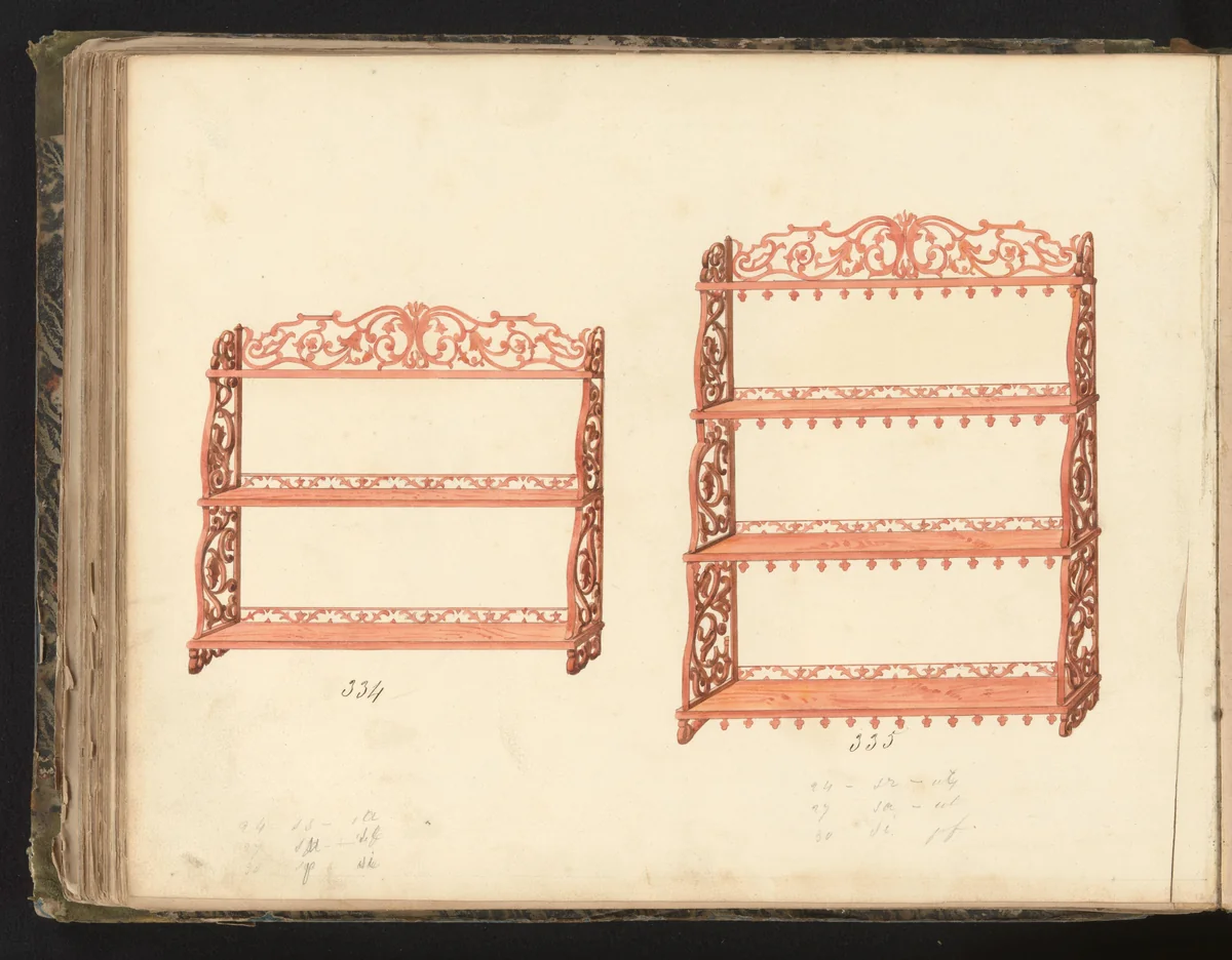 Twee ontwerpen voor wandmeubelen by anonymous, drawing, 1825-1839