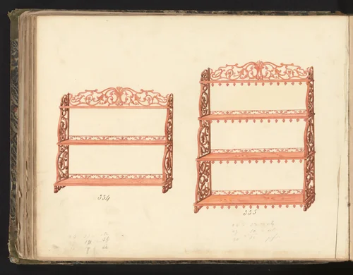 Twee ontwerpen voor wandmeubelen by anonymous, drawing, 1825-1839