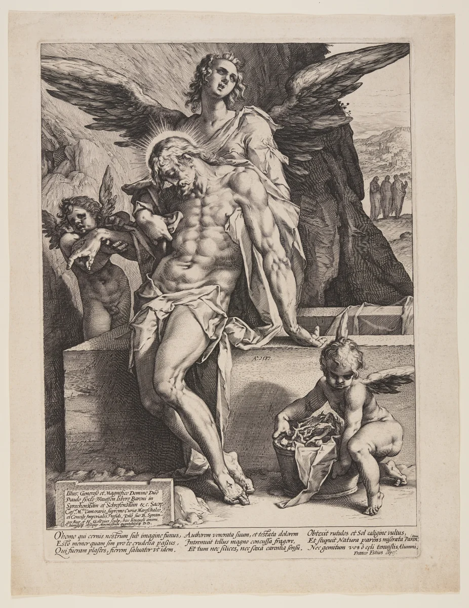 The Dead Saviour Supported by an Angel by Hendrick Goltzius, print, 1587