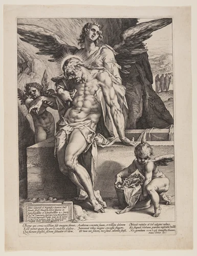 The Dead Saviour Supported by an Angel by Hendrick Goltzius, print, 1587