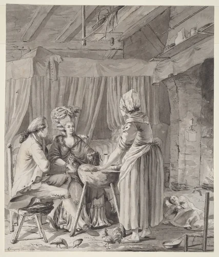 Elegant Couple Lunching in a Country Cottage by Antoine-François Sergent, drawing, 1778