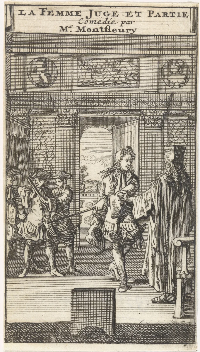 Octave wijst Julie op Bernadille die door twee dienaren wordt binnengeleid by Caspar Luyken, print, 1698