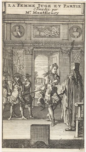 Octave wijst Julie op Bernadille die door twee dienaren wordt binnengeleid by Caspar Luyken, print, 1698