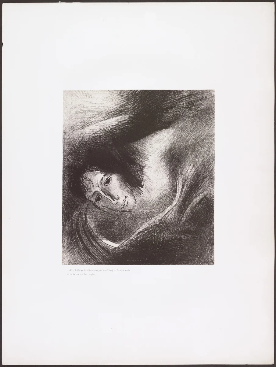 And the Devil That Deceived Them Was Cast into the Lake of Fire and Brimstone, Where the Beast and the False Prophet Are (Et le diable qui les séduisait, fut jeté dans l'étang de feu et de soufre, où est la bête et le faux prophète) from Apocalypse of Saint John (Apocalypse de Saint-Jean) by Odilon Redon, print, 1899