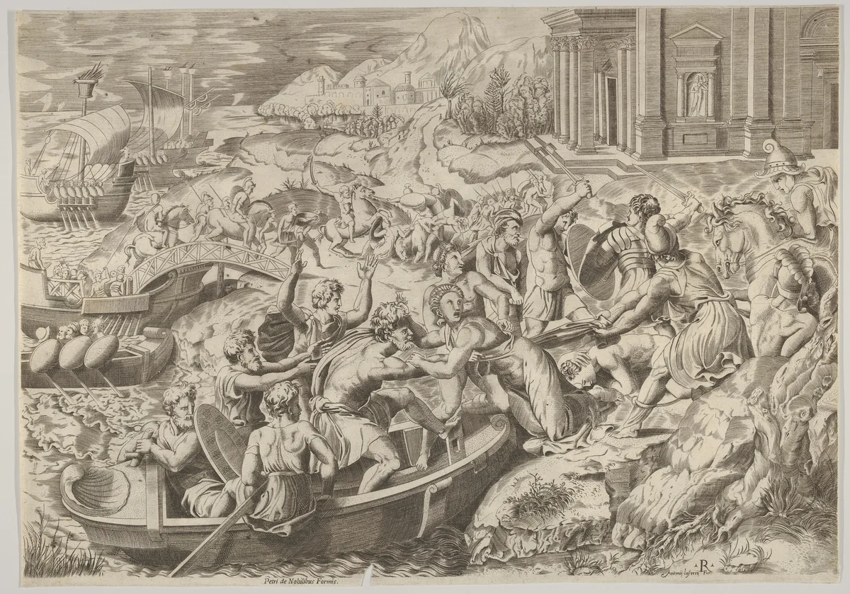 The abduction of Helen; battle scene on a shore with two men pulling Helen into a boat at center and another man pulling on her drapery in the opposite direction by Marco Dente, print, 1520-1527