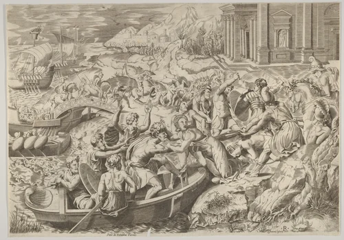 The abduction of Helen; battle scene on a shore with two men pulling Helen into a boat at center and another man pulling on her drapery in the opposite direction by Marco Dente, print, 1520-1527