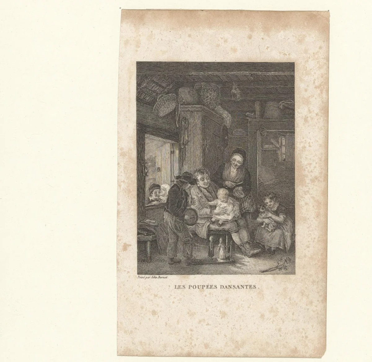 Gezin kijkt naar twee dansende poppen by anonymous, print, 1800-1899