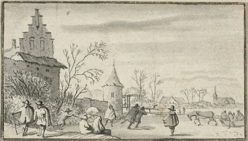 Skaters on Pond Outside Town by Allart van Everdingen, drawing, 1641-1675