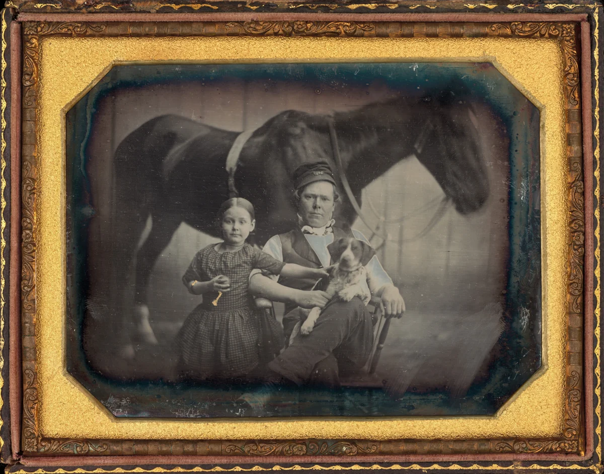Portrait of a Man and Girl with Horse and Dog by American 19th Century, photograph, 1840-1850